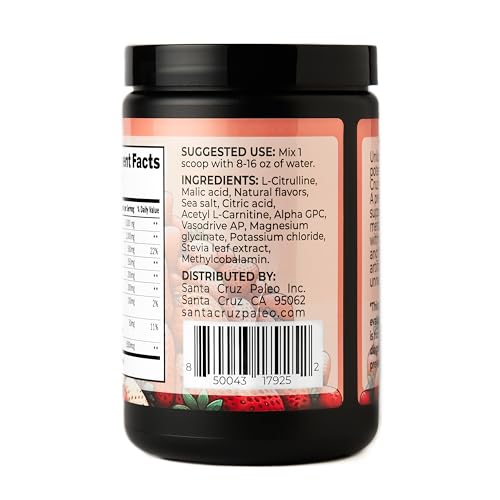 Image of Santa Cruz Paleo Pre Workout Powder Electrolytes, Magnesium, Potassium, Sea Salt & L Citrulline, Caffeine & Sugar Free Preworkout Drink Mix for Energy & Hydration, Strawberry Flavor, 30 Servings