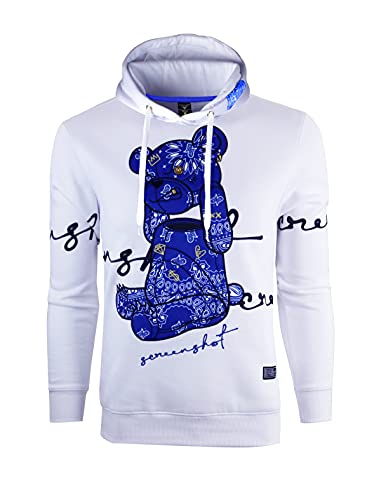 SCREENSHOT-H1122 Mens Urban Hip Hop Premium Fleece Hoodie - Head Lifting Paisley Cartoon Teddy Bear Fashion Hooded Sweatshirt-White-3XLarge