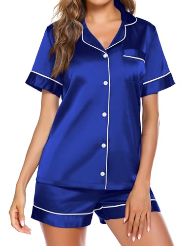 Image of Ekouaer Pj Sets for Woman Silk Satin Pajama Set Summer Sleepwear Button Down Sleepwear Top and Shorts Pjs Royal BlueMedium