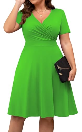 Image of POSESHE Womens Plus Size Dresses Summer Short Sleeve Wrap V-Neck Sundress Casual Wedding Guest Cocktail Dress with Pockets