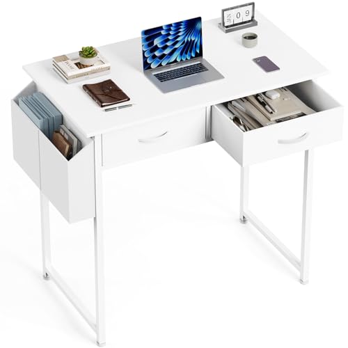 Elevon Small Computer Desk 32 Inch with 2 Fabric Storage Drawer Space Side Pockets Headphone Hook Adjustable Legs Metal Frame Modern Minimalist Style Home Office Bedroom Writing Study PC Table, White