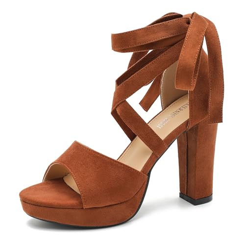 MAIERNISI JESSI Strappy Heels for Women Platform Lace Up Heels Open Toe Chunky High Heel Dress Sandals
