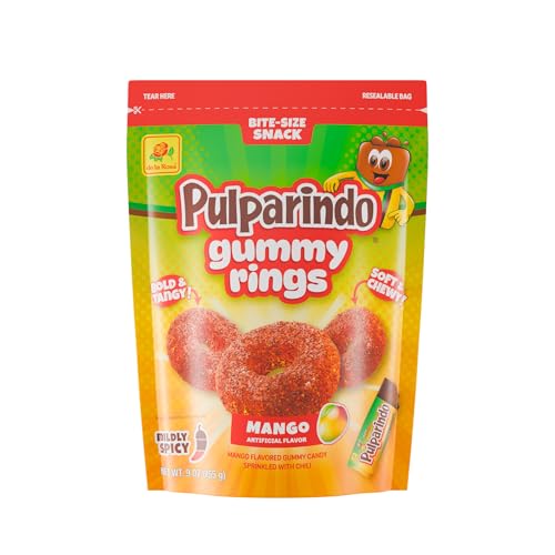 De la Rosa Pulparindo Gummies Rings,Mildly Spicy Soft Chewy Candy, Bite-Size Snack (9 Oz, Mango)