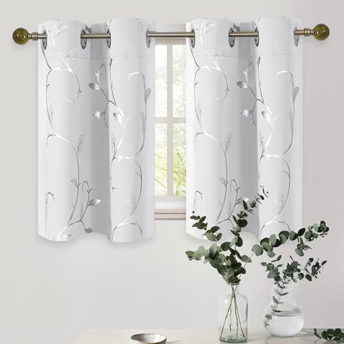 BUHUA Blackout Small Window Curtains for Kitchen and Bedroom Silver Foil Print Flower Grommet Short Thermal Insulated Room Darkening Curtains, Greyish White, 26Wx36L, 2 Panels