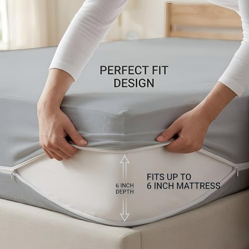 Image of 100% Waterproof Single Size Zipper Mattress Encasement - Ultra Soft & Breathable Six-Sided Bed Cover, Dustproof Noiseless Fitted Design, 78x36 Inch (6x6 Feet), Fits Up to 6 Inch Mattress, Silver