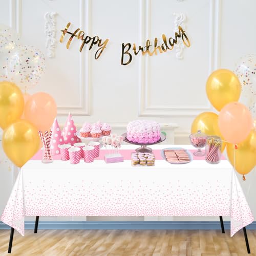 Image of WNINK 4 Pack White and Light Pink Tablecloths, Light Pink Disposable Plastic Waterproof Table Cover, 54 inch x 108 inch, for Birthday, Baby Shower，Wedding, Bridal Shower, Picnic Camping Parties