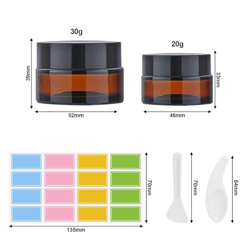 Collazoey 10 Stück Amber Glas Leerdose, Tiegel Cremedose 20ml/30ml Braunen Glasbehälter, Mit Aufkleber, ragbarer ointment jars, für Kosmetik Cremes Lotionen ätherische Öle refillable travel pots