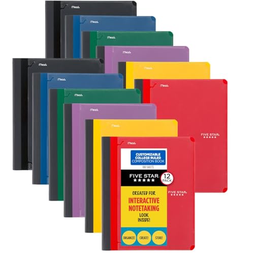 Five Star Interactive Notetaking Composition Books, 12 Pack, 1 Subject, College Ruled Paper, 11" x 8-1/2", 100 Sheets, Red, Yellow, Green, Blue, Purple, Black (38614)