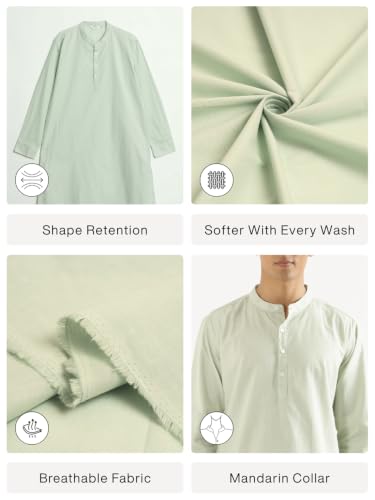Image of SAADAA Men's Long Kurta - Linen Cotton Blend, Airy Fabric, Regular Fit, Mandarin Collar, Solid Color - Casual, Festive & Ethnic Wear
