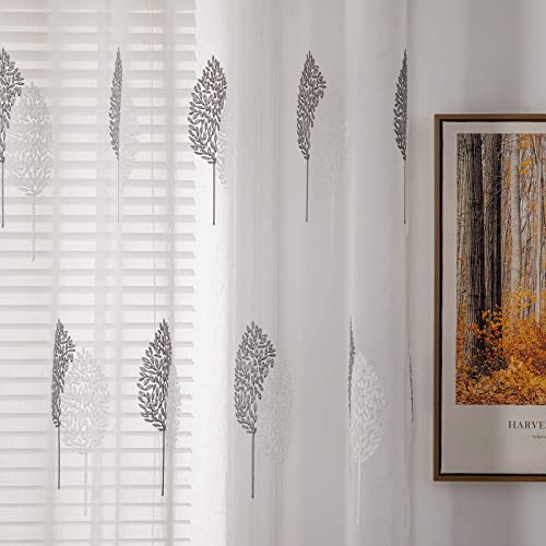 MIULEE Leaves Embroidery Sheer Curtains Christmas Decoration Grommet Window Curtain Semi Voile Drapes with Eyelets Window Treatments for Living Room Bedroom Big Leaves Grey 2 Panels 55" W x 85" L - Image 3