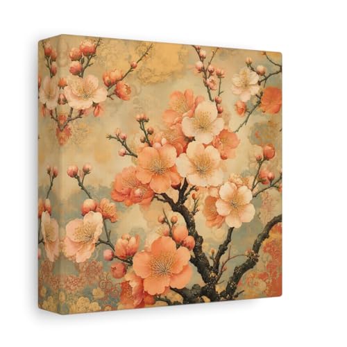Tableau asiatique cerisier en fleurs pêche et or décoration murale salon