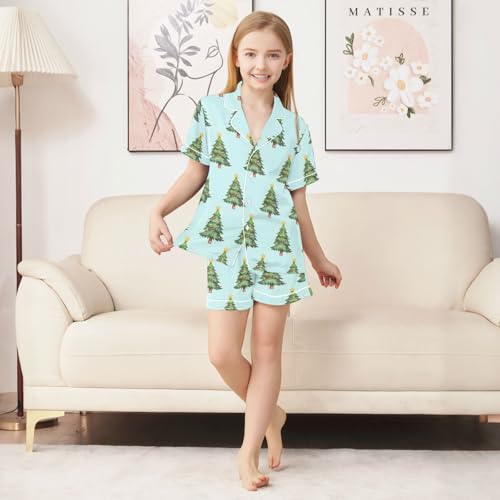 Satin Pajama Sets Short Sleeve Christmas Trees on Light Background Button Down Silky Nightwear 2 Piece PJS 5-14Y3