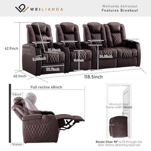 Image of Weilianda Home Theater Seating, Top Grain Leather Movie Theater Chair | Brown Row of 4 Loveseat Right, Zero Gravity, Power Headrest, Tray Table, Electric Reclining Seat for Media Room