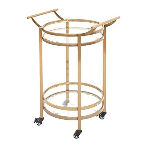 AZL1 Life Concept Modern 2-Tier Oval Metal Rolling Bar, Serving, Utility Mobile Cart with Handles and Spill Guard in Gold/Clear Glass and Mirror Cover
