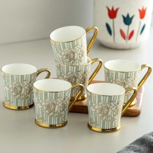 Image of Clay Craft Fine Ceramic Tea Cups Set of 6| 180 Ml Gold Print Cups with Handle | Elegant Design for Tea| Coffee| Home| Office & Gifting
