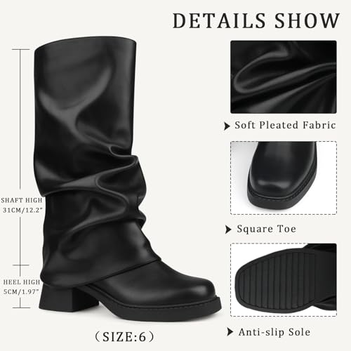 Image of Buckle Chunky Heel Knee High Boots Fall Winter Commute | chunky heel boots, knee high boots, sqaure toe boots