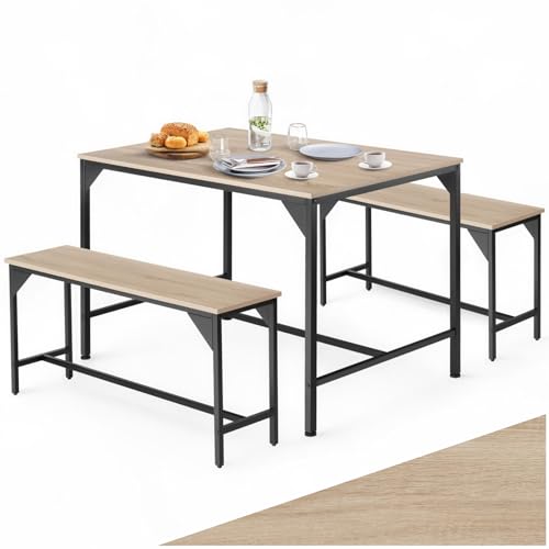 tectake® Ensemble Table et Banc Salle à Manger en Bois et Acier Table de Salle à Manger 2 Bancs...