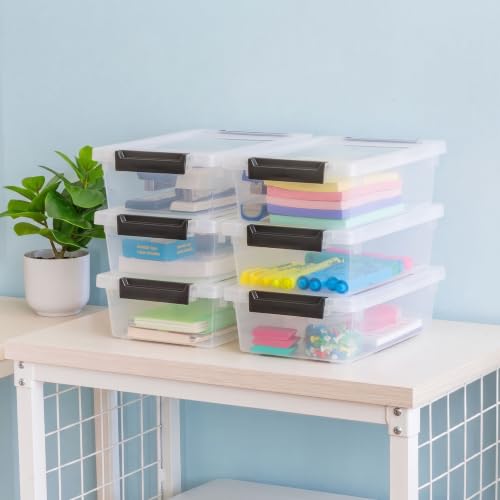 Image of IRIS USA 2 Qt. Craft Storage Bins with Lids, 6-Pack, |Made in USA|, Clip Box, Small Plastic Sensory Bin Tote Organizer Containers for Art Supplies, Paper, & Office, Stackable - Clear /Black