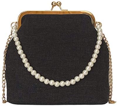 KarensLine Handmade Kiss Lock Crossbody Bag for Women Pearl Strap Purse Evening Clutch with Gold Chain Canvas Shoulder Bags (Black)