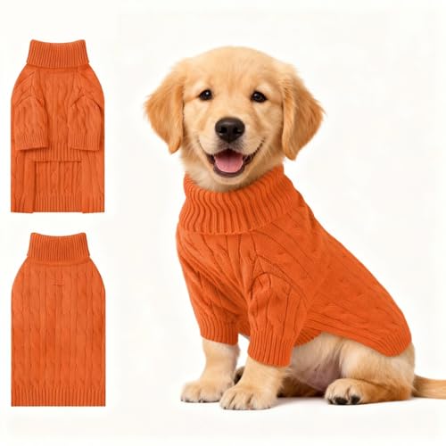 Image of Small Dog Thermal Pullover Sweater, Classic Turtleneck Cable Knitwear Dog Clothes for Cold Weather Warm Pet Clothes for Chihuahua, Bulldog, Dachshund, Pug Orange XX-Large