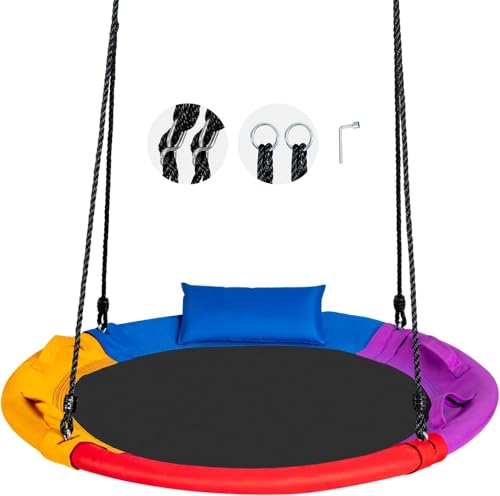 GYMAX Kids Nest Swing Seat 100cm Giant Round Tree Hanging Seat with Handle Pillow and Adjustable Ropes Children Saucer Swing for Backyard Garden Playground