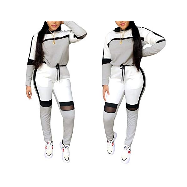 Women-2-Piece-Outfit-Long-Sleeve-Color-Block-Mesh-Hoodie-Sweatshirt-Skinny-Long-Pants-Tracksuits-Set Annystore 2 PC Tracksuit For Women Long Sleeve Hooded Sweatshirts + Long Pants Sportswear Outfit Sweatsuit Set Grey S