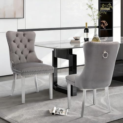 VICBARLEY Velvet Dining Chair Set of 6 Upholstered Tufted Dining Room Chair with Nailhead Trim and Stainless Steel Silver Plated Legs for Kitchen, Restaurant, Grey - Thumbnail 2