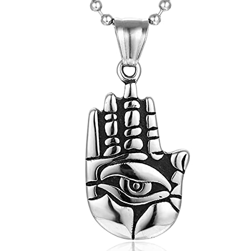 BIYONGDE Vintage Hamsa Hand of Fatima Evil Eye Protection Pendant Necklace Stainless Steel 24 in Chain Prayer