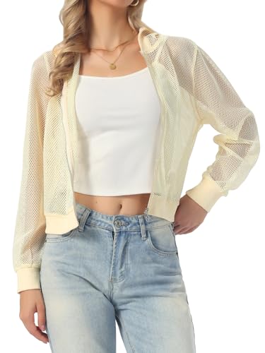 Image of Allegra K Mesh Sheer Jacket for Women Long Sleeve Hoodie Zipper Up Lightweight Casual Outwear Night Out Party Outfit Large Apricot