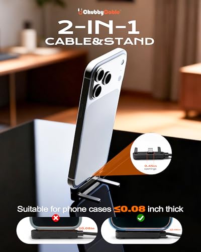ChubbyCable StandLite 240W Braided Charging Cable with Built-in Phone Holder Durable USB-C Cable T-Folding Multi-Functional Right Angle, Black, 4.9ft