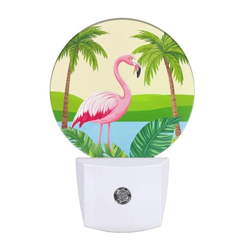 Image of EKOBLA Tropical Flamingo Night Light, Palm Tree Jungle Plug-in Nightlight with Dusk to Dawn Light Sensors for Bedroom, Bathroom, Hallway, Kitchen, Gifts Ideal for Boys Girls Women Men
