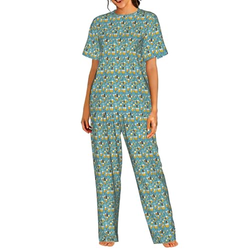 Pyjama léger manches courtes femme respirant, ensemble de détente imprimé bulles de bière