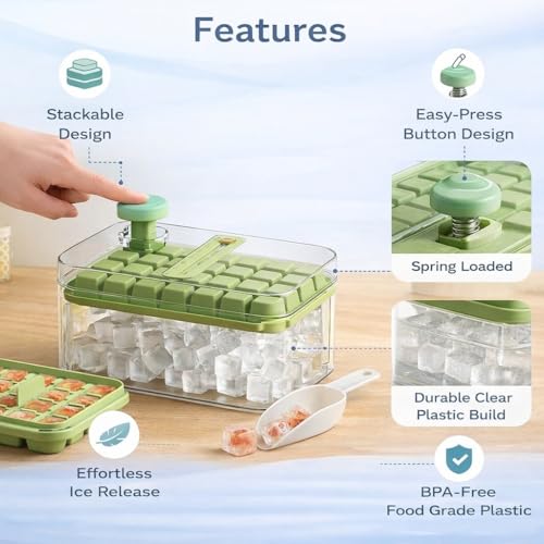Image of DEVAR Ice Cube Tray with Lid & Storage Container | Press Release Ice Cube Mold for Freezer | Stackable Easy Release Ice Maker Tray, Plastic Square Ice Cube Tray for Whiskey, Cocktails & Home Kitchen