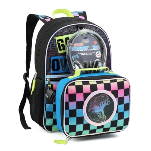 Mochila Infantil Masculina Dinossauro Gamer 3D com Lancheira acoplada, Fone de Ouvido Incluso, Design Holografico Muda de Imagem