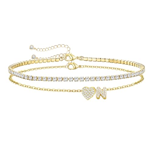 Image of Gold Initial Ankle Bracelets for Women 14K Gold Plated CZ heart Tennis Anklets for Women Waterproof Adjustable Initial Anklets Large Ankle Summer Beach Foot Jewelry