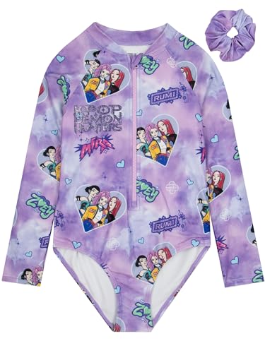 KPop Demon Hunters Swimsuit Girls Swimming Costume Huntrix Girls Swimming Costumes One Piece with Scrunchie Purple 7-8 Years