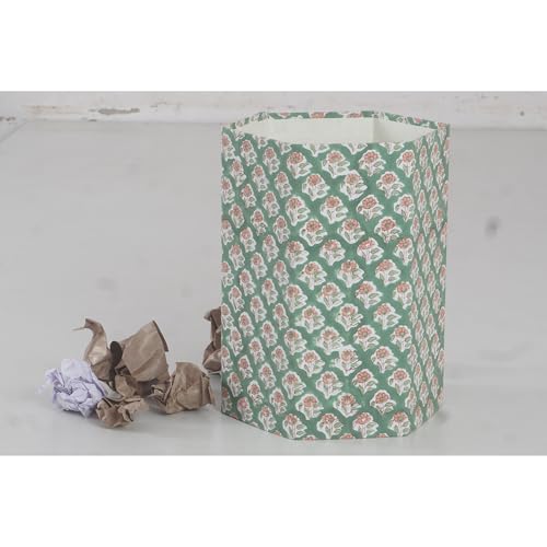 Image of Floral Hand Block Printed 3.3 Gallon Decorative Waste Basket - Eco-Friendly Cardboard Trash Can, Plastic-Free & Sustainable, Perfect for Christmas and Housewarming Gifts (1, Green Botti)