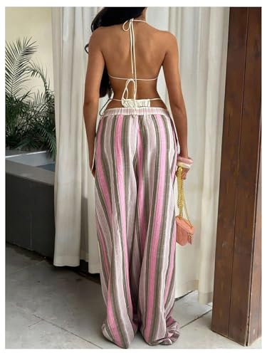 Floerns Women's Striped Print Wide Leg Pants Tie Front High Waisted Palazzo Beach Pants3