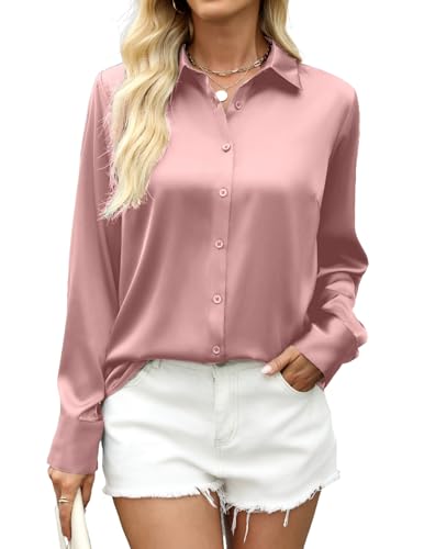 Zeagoo Camisas Mujer Elegante Manga Larga de Satén Blusa sin Botones Cuello en V Camiseta Sólido Tops Suelta de Oficina Casual Shirt Rosa L
