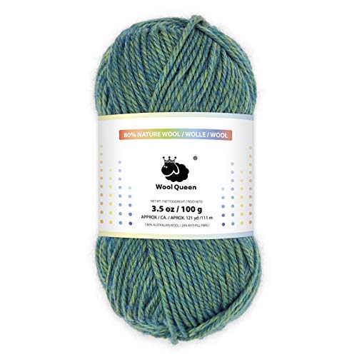 Wool Queen 80% Nature Wool Yarns, Spearmint,3.5 OZ/121 Yards, Worsted Weight Yarn for Rug Punch, Pompom Art, Weaving, Crochet and Knitting Project. Machine Wash & Dry -HR2045