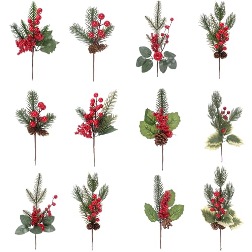 MWOOT 12 Pezzi Rami di Pino Artificiale Natalizio, Rami di Abete con Bacche Rosse Pigne Aghi di Pino, Rami di Natale Artificiali per Fai Da Te Ghirlanda Albero di Natale Feste Casa Decorazione