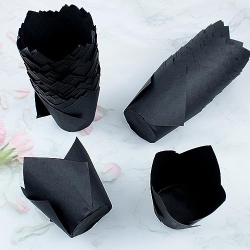 Image of 150 Pieces Tulip Cupcake Muffin Liners Paper Baking Cups Greaseproof Cupcake Wrappers for Birthday Wedding Party Baby Showers Catering Restaurants(Black)