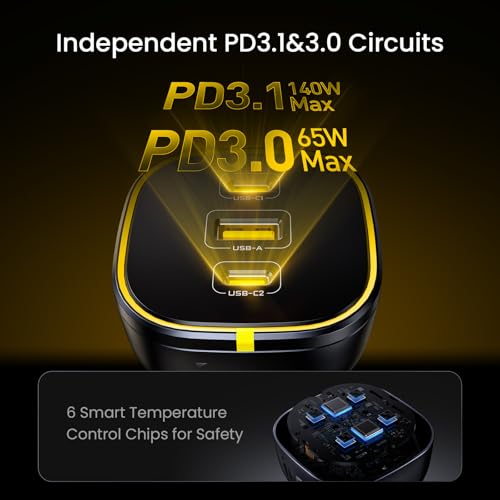 Image of AOHI 165W Laptop Car Charger Adapter 140W PD 3.1 / 100W PD 3.0 USB C Super Fast Charging PPS 45W 3-Ports QC5.0 Car Lighter Charger for MacBook Pro, iPhone 16 /15, Galaxy S24 Ultra, iPad, Black
