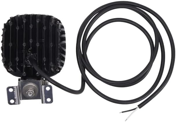 Rear view of the WAS 978 W130 Work Light, showing the finned heat sink design on the back of the black housing. The adjustable mounting bracket is visible at the bottom, and a long black power cable with two exposed wires (white and black) extends from the back.