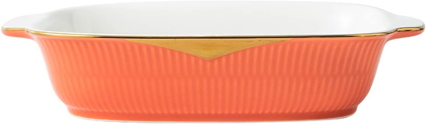 Baking Dish Household Baking Dish Ceramic Binaural Ovenware Kitchen Cheese Pizza Bake Pan Oven Use Rectangle Gold Plating Dish Lasagna Pans (Color : White) (Orange)