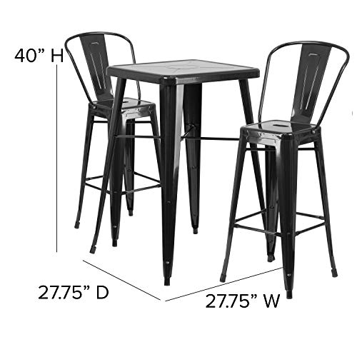 Flash Furniture Commercial Grade 23.75" Square Black Metal Indoor-Outdoor Bar Table Set with 2 Stools with Backs - Thumbnail 4