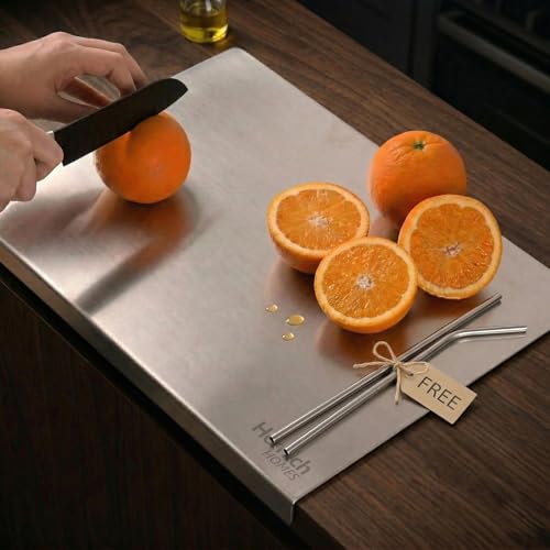 Image of Herrlich Homes Stainless Steel Chopping Board with Lip for Kitchen | 35x30 cm Compact Cutting Board | Dual Side Reversible | for Vegetables, Meat, Fish, Fruits, Roti Kneading | Free 2 Steel Straws