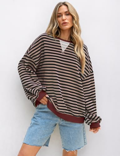 Image of UEU Women Oversized Striped Crewneck Sweatshirt Long Sleeve Color Block Pullover Tops Casual Loose Workout Shirt