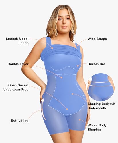 Image of Popilush Cocktail Dresses for Women Built in Shapewear Bra 8 in 1 Square Neck Mini Slit Party Summer Dress