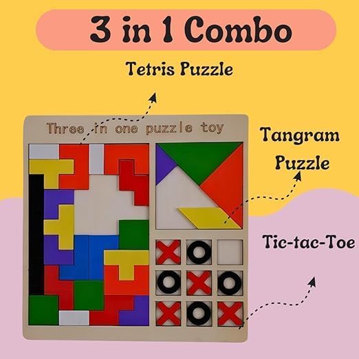 GaxQuly 3-in-1 Wooden Puzzle Board for Kids Children's Educational Colorful Square Tangram Game Chess Xo Tic-Tac-Toe Nine-Square Three-in-One Montessori Puzzle Set Building Blocks (Antique) 1